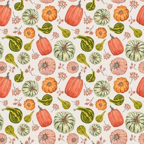 Hand Drawn Watercolor Fall Fabric with Pumpkins and Gourds on  Off White 9x9
