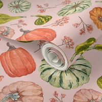 Hand Drawn Watercolor Fall Fabric with Pumpkins and Gourds on Blush 9x9