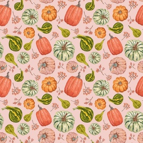 Hand Drawn Watercolor Fall Fabric with Pumpkins and Gourds on Blush 9x9