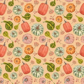 Hand Drawn Watercolor Fall Fabric with Pumpkins and Gourds on Peach 9x9