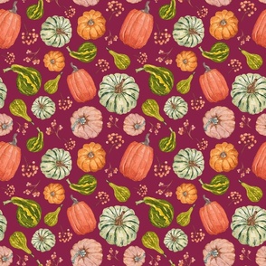 Hand Drawn Watercolor Fall Fabric with Pumpkins and Gourds on Dark Raspberry  9x9