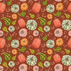 Hand Drawn Watercolor Fall Fabric with Pumpkins and Gourds on Red Brick 9x9