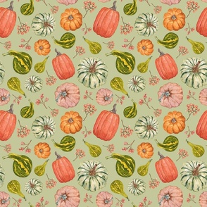 Hand Drawn Watercolor Fall Fabric with Pumpkins and Gourds on Pastel Sage 9x9
