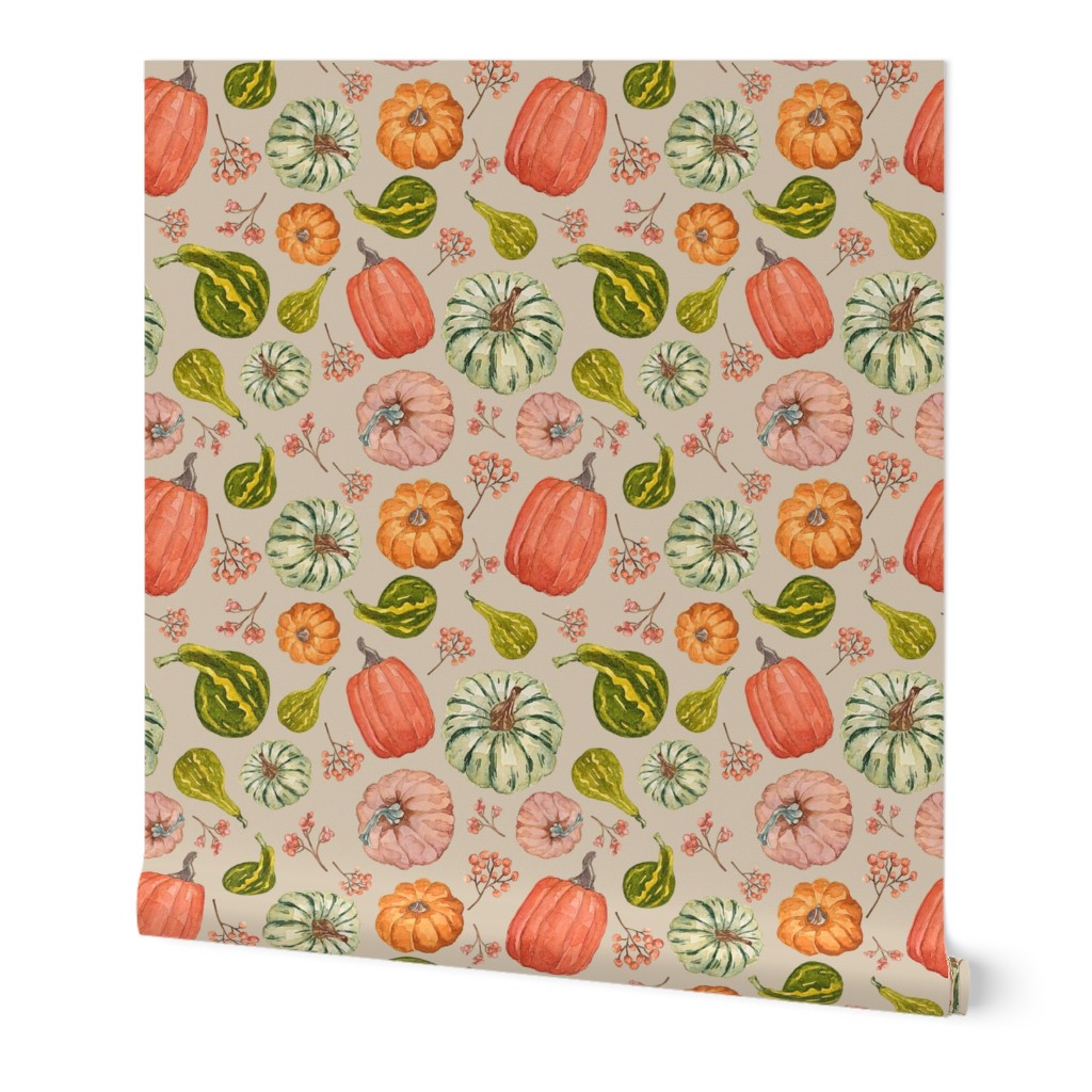 Hand Drawn Watercolor Fall Fabric with Pumpkins and Gourds on Taupe 9x9