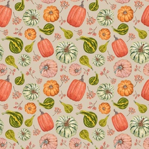 Hand Drawn Watercolor Fall Fabric with Pumpkins and Gourds on Taupe 9x9