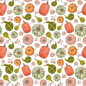 Hand Drawn Watercolor Fall Fabric with Pumpkins and Gourds on White 9x9