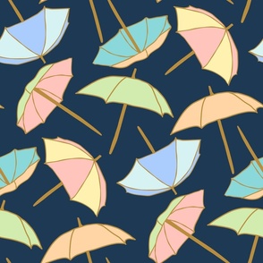 (L) Beach Umbrellas on a Windy Day Pastels on Dark Blue