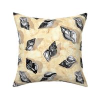 Seashells and Clams in Black and White on a Sandy Soft Yellow Beach - Medium Size