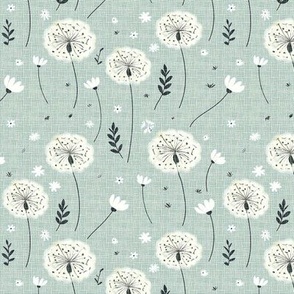 Pastel Teal Linen Dandelions: Light Blue Textured Floral Wallpaper with White Accents Floral Flowers