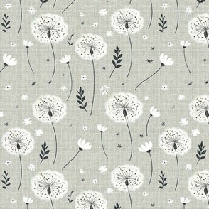 Neutral Beige Linen Dandelions: Tan Textured Wallpaper with Classic White Florals