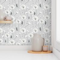 Light Gray Linen Dandelions: Textured Wallpaper Featuring White Dandelion Florals