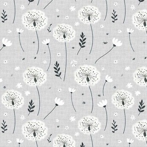 Light Gray Linen Dandelions: Textured Wallpaper Featuring White Dandelion Florals