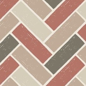 Rustic Herringbone block print in warm neutrals on cream