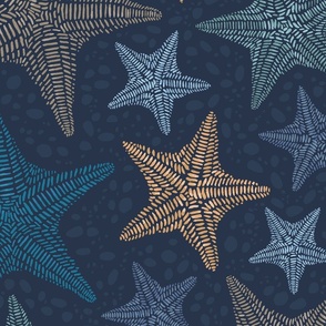 Starfish at Night - Navy blue, Teal, golden yellow