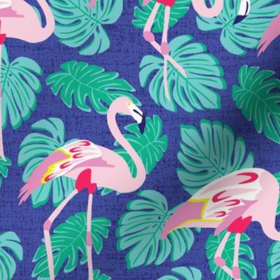 Beachy Flamingos with Monstera Leaves Cobalt Blue Neon Pink Seafoam Green