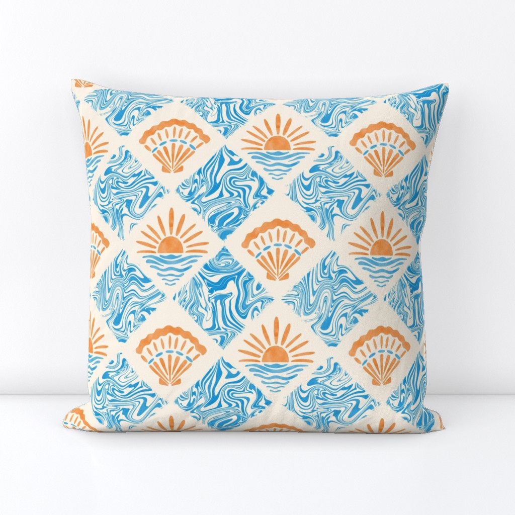 Groovy Beach Tile. Blue swirls, orange sun and seashells