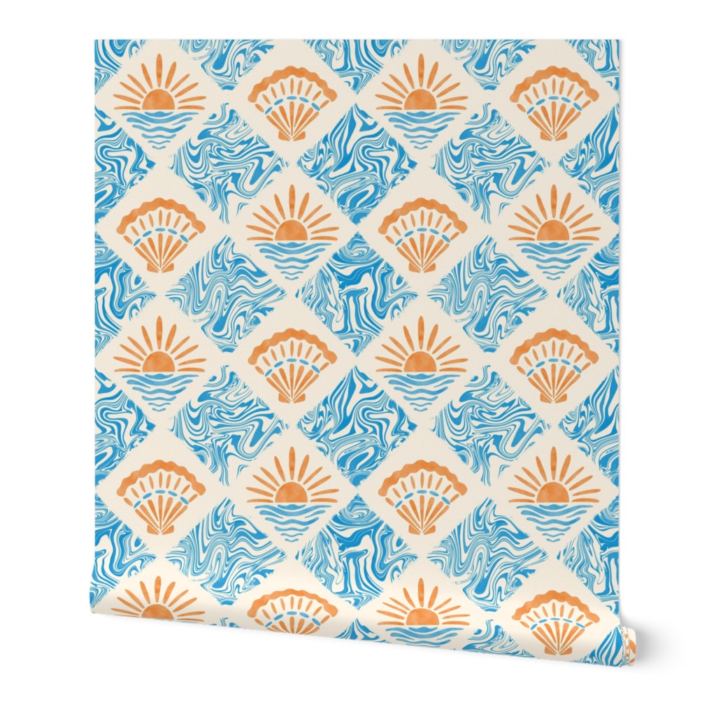 Groovy Beach Tile. Blue swirls, orange sun and seashells