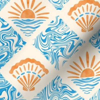 Groovy Beach Tile. Blue swirls, orange sun and seashells