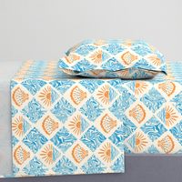 Groovy Beach Tile. Blue swirls, orange sun and seashells