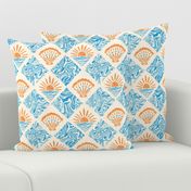 Groovy Beach Tile. Blue swirls, orange sun and seashells