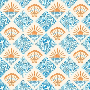 Groovy Beach Tile. Blue swirls, orange sun and seashells