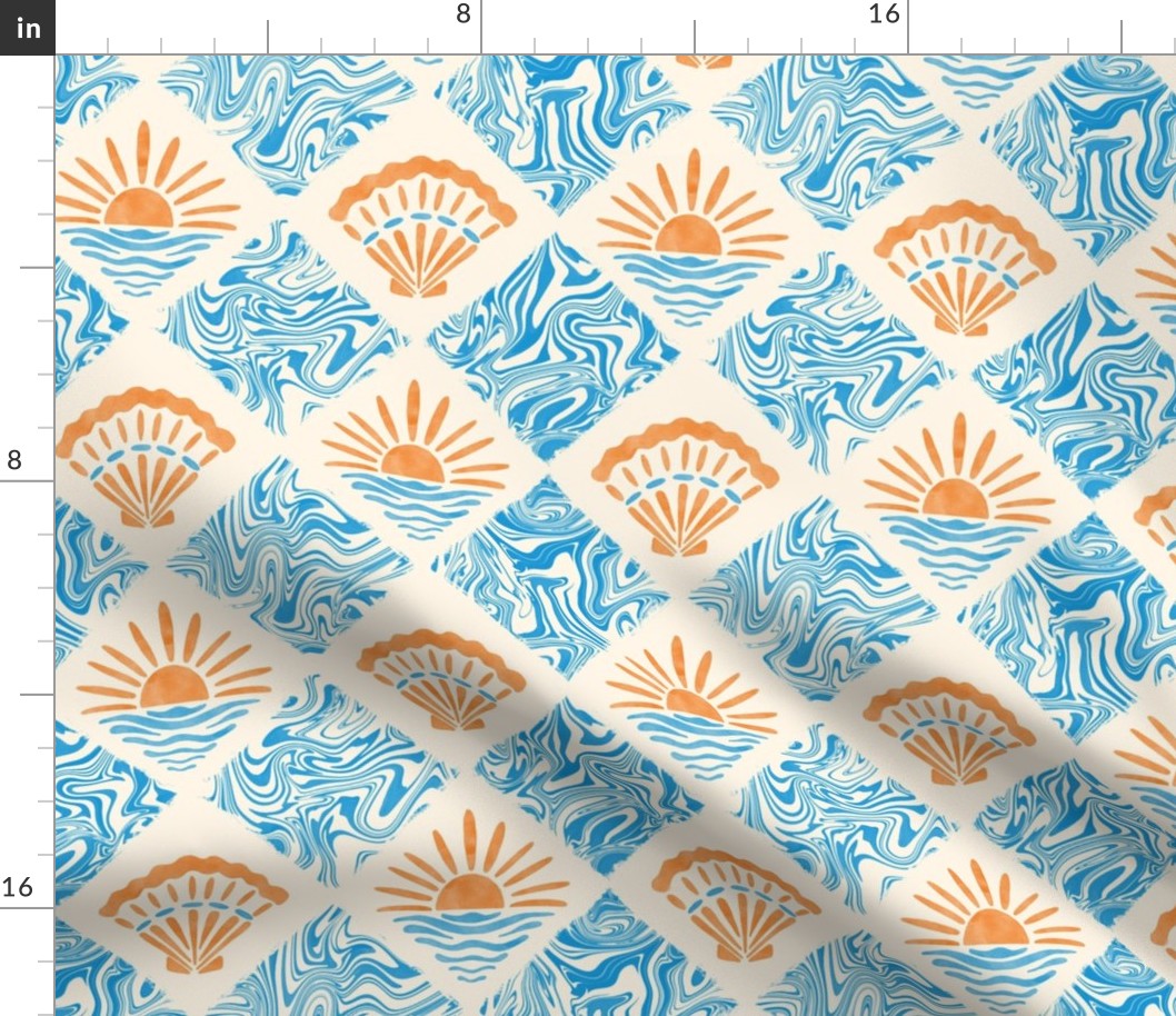 Groovy Beach Tile. Blue swirls, orange sun and seashells