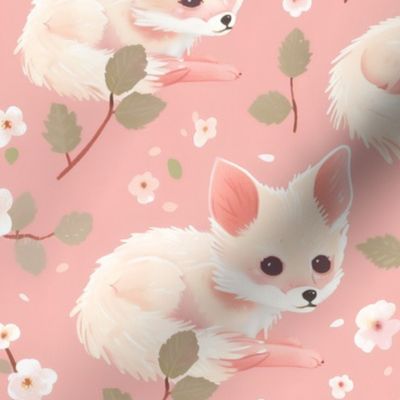 Pastel Fennec Fox Blush Pink Cherry  Blossoms for a Dreamy Girls' Room Floral Large Repeat