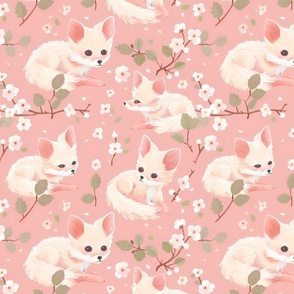 Pastel Fennec Fox Blush Pink Cherry  Blossoms for a Dreamy Girls' Room Floral Large Repeat