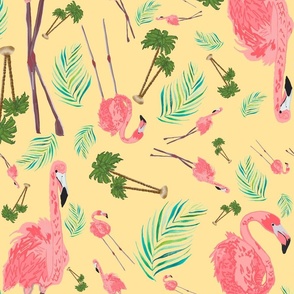 Flamingos in Paradise Style 2 on Linen Background, Large Scale 