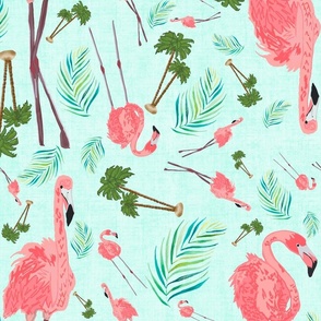 Flamingos in Paradise Style 2 on Mint on Linen Textured Background, Large Scale 