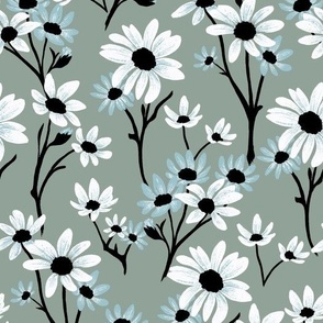 (M) Blue Chamomile  (Daisy summer field in light brown, white and teal)