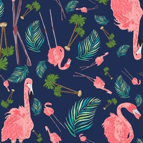 Flamingos in Paradise Style 2 on Navy Blue Background, Large Scale 