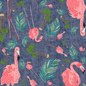 Flamingos in Paradise Style 2 on Navy Blue on Linen Textured Background, Large Scale 