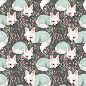 Sleeping Fox Whimsy Woodland: Cute Foxes Play in a Misty Forest of Gray, Blue, and Pink Flowers