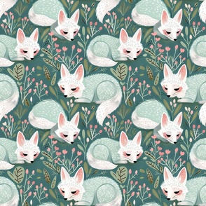 Sleeping Fox Whimsy Woodland: Cute Foxes Play in a Misty Forest of Teal Blue, and Pink Flowers