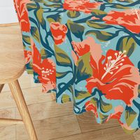 Tropical Hibiscus Floral in Bright Orange, Peach, Kiwi, Leafy Green, and Teal