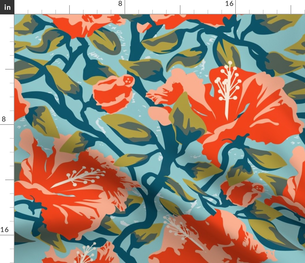 Tropical Hibiscus Floral in Bright Orange, Peach, Kiwi, Leafy Green, and Teal