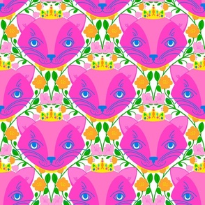 Mini Garden Princess Kitty Hot Pink Illustrated Cat Face With Yellow And Orange Flower Green Vine Trellis Retro Modern Colorful Bright Vertical Repeat Pattern