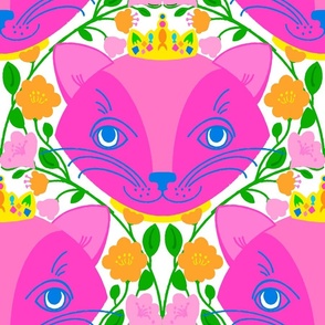 Garden Princess Kitty Hot Pink Illustrated Cat Face With Yellow And Orange Flower Green Vine Trellis Retro Modern Colorful Bright Vertical Repeat Pattern