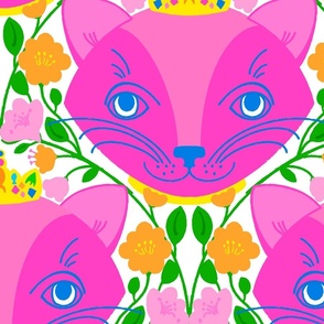 Big Garden Princess Kitty Hot Pink Illustrated Cat Face With Yellow And Orange Flower Green Vine Trellis Retro Modern Colorful Bright Vertical Repeat Pattern 