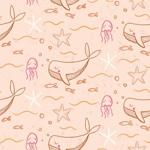 Peach under sea whales with jellyfish, starfish in rust, apricot, pink and peach