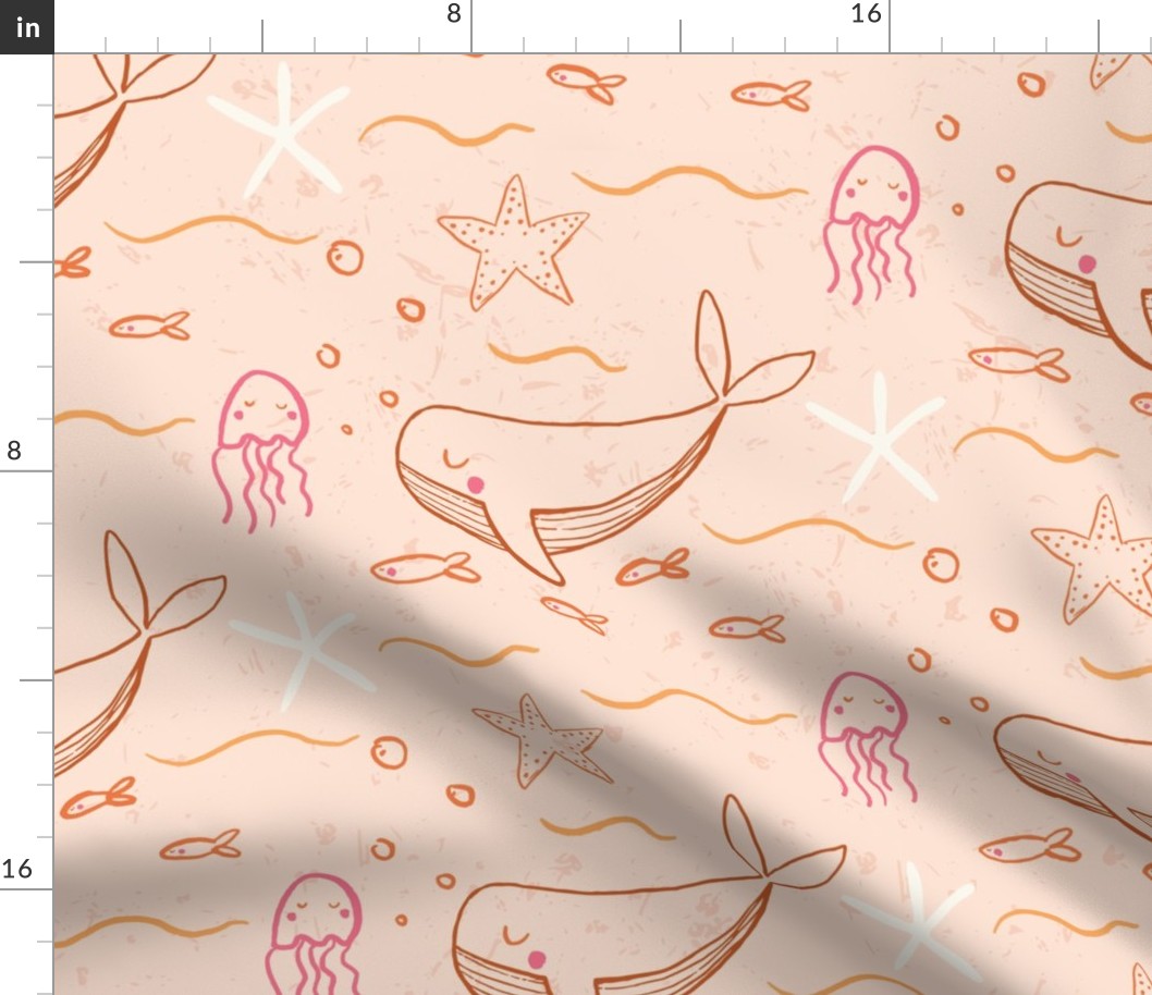 Peach under sea whales with jellyfish, starfish in rust, apricot, pink and peach