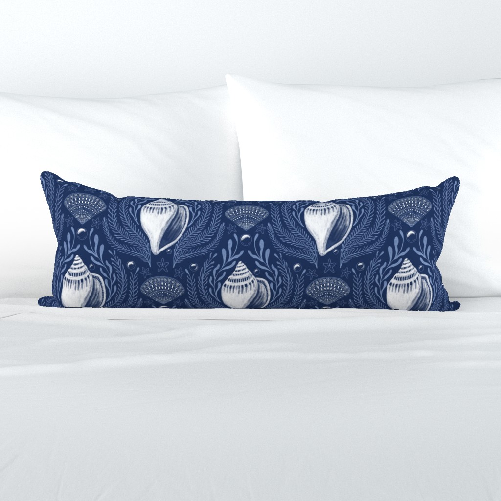 sea shell damask - navy blue for coastal home decor and wallpaper