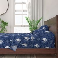 sea shell damask - navy blue for coastal home decor and wallpaper