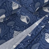 sea shell damask - navy blue for coastal home decor and wallpaper