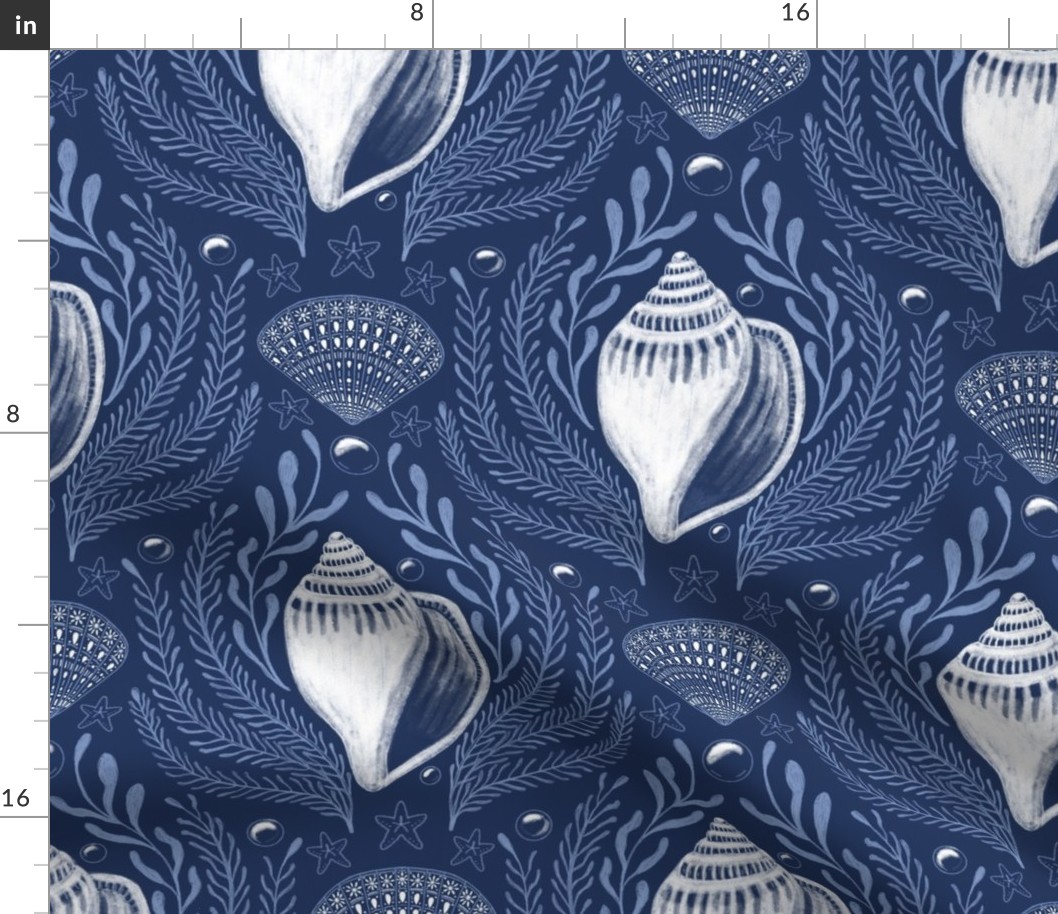 sea shell damask - navy blue for coastal home decor and wallpaper