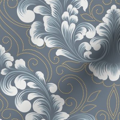Luxurious Grey Damask Pattern with Swirling Floral Motifs