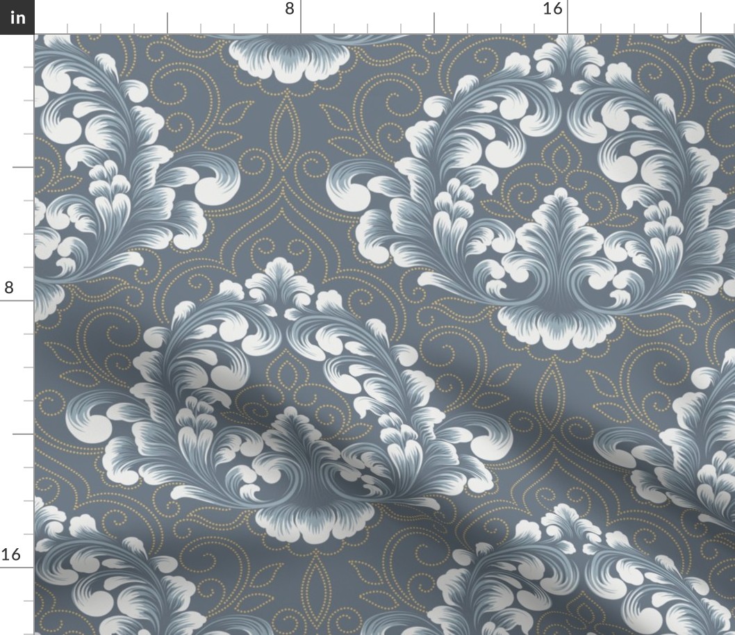 Luxurious Grey Damask Pattern with Swirling Floral Motifs