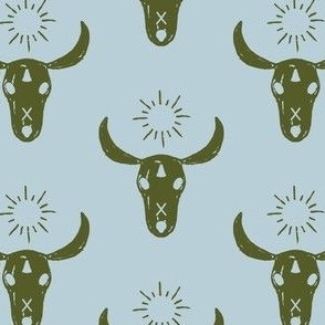 Cow skull and sun / western desert / boho blue and green