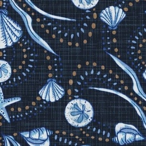 Dark denim  blue hand drawn Seashells day at the beach large